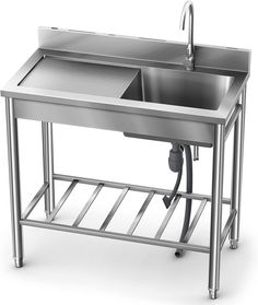 a stainless steel sink with two faucets on the side and a drainer