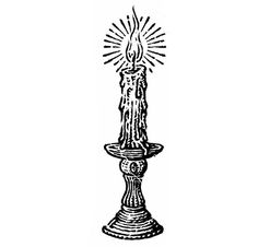 a black and white drawing of a lit candle on a pedestal with a starburst