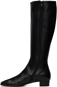 Knee-high grained leather boots in black. · Square toe · Zip closure at inner side · Covered block heel with rubber injection · Leather sole · Heel: H1 Supplier color: Black Black Heeled Boots With Wide Calf In Calf Leather, Black Wide Calf Boots In Calf Leather, Black Wide Calf Leather Boots, Black Knee-high Platform Boots With Leather Lining, Black Calf Leather Platform Boots With Block Heel, Black Calf Leather Boots With Block Heel, Modern Black Wide Calf Boots, Black Square, Tall Boots