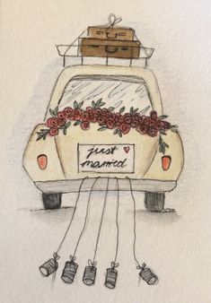 a drawing of a car with flowers and luggage on top