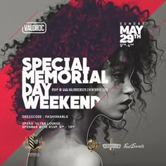 an event poster for the special memorial day weekend, featuring a woman with curly hair