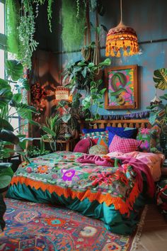 a bed in a room filled with lots of plants