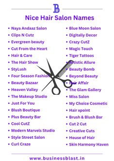 a purple and white poster with scissors on it's side that says nice hair salon names