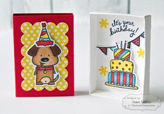 two birthday cards are sitting next to each other