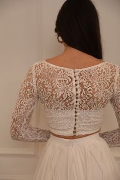 Golden Blouse Designs Pattern Style, Bridal Separates Tops, Golden Blouse Designs, Bridal Crop Top, Golden Blouse, Ivory Lace Top, Pagan Wedding, Wedding Skirt, Top With Long Sleeves