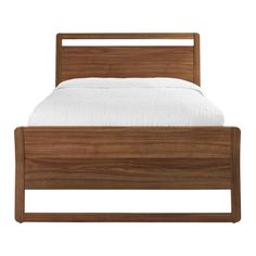 a wooden bed frame with white sheets and pillows on top of the headboard, in front of a white background