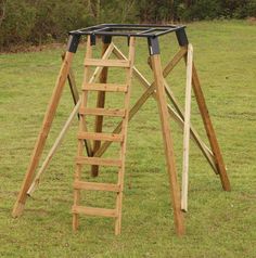 a wooden swing set with ladders in the grass