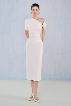 Jade Sheath Asymmetric Neck Viscose Midi Dress | MEAN BLVD Elegant Evening Midi Dress With Asymmetrical Hem, Elegant Asymmetrical Bodycon Summer Dress, Elegant One-shoulder Dress For Summer Gala, Elegant Summer One-shoulder Dress For Gala, Elegant Summer One Shoulder Dress For Gala, Elegant Fitted One Shoulder Dress For Gala, Elegant Bodycon Midi Dress For Gala, Elegant Asymmetrical Fitted Midi Dress, Elegant Fitted Asymmetrical Midi Dress