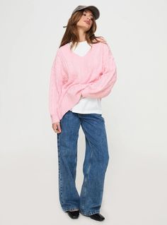 Moldova Knit Sweater Pink Oversized V-neck Cardigan With Ribbed Cuffs, Oversized V-neck Sweater With Ribbed Cuffs, Spring Cable Knit V-neck Sweater, Oversized V-neck Sweater For Spring, V-neck Cable Knit Sweater For Spring, Oversized Cotton V-neck Sweater, Oversized Cotton V-neck Sweater For Spring, Oversized Pink V-neck Sweater, Pink Oversized V-neck Sweater