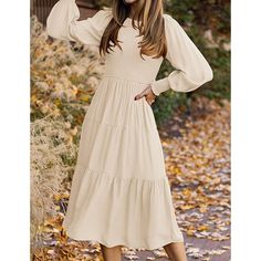 Beige Pleated Long Sleeve Swing Dress Midi Dresses, Women Dresses, Swing Dress, Dresses Midi, Long Sleeve, Dresses