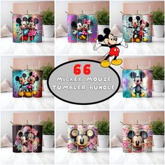 the mickey mouse tumbler bundle includes 6 different pictures and a name tag for each item