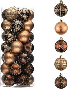 an assortment of christmas ornaments in a clear box with gold and brown designs on them