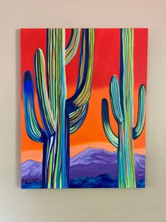 a painting of cactuses in the desert with an orange sky and clouds behind them