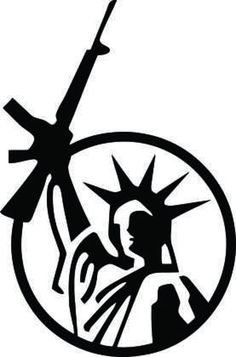 the statue of liberty is depicted in this black and white silhouetted image, with an arrow