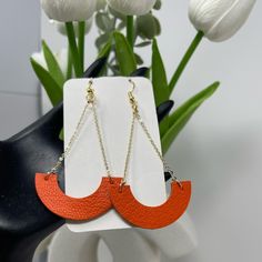 Genuine Leather Orange Gold Plated Link Chain And Ear Hooks Very Lightweight Nickel Free Orange Earrings For Everyday, Nickel-free Orange Earrings For Everyday Wear, Trendy Orange Dangle Earrings, Trendy Orange Drop Earrings, Trendy Orange Everyday Earrings, Cork Earrings, Leather Jewellery, Leather Ideas, Polymer Crafts