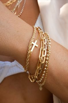 rio rope bracelet - flora bracelet - jumbo link up bracelet - hannah bracelet - harley bracelet from BEADS by tara Gold Bracelet Stack, Gold Bracelets Stacked, Gold Vermeil Jewelry, Gold Bond, Dainty Bracelet, Gold Chain Jewelry, Sell Gold, Vermeil Jewelry, Cross Bracelet