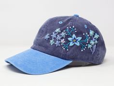 Flower is 100% hand embroidered on a 100% cotton wash baseball cap. Hat is one size fits all with adjustable back strap. Unique cap, one of a kind! I am also open for customization. If you want the item in different colors, please message me, it will take additional 2-3 days of handling time. Free first class shipping, upgradable priority mail service. 30 days return policy, feel confident at your purchase! Blue Short Brim Baseball Cap For Spring, Spring Baseball Cap With Embroidered Logo And Short Brim, Spring Baseball Cap With Embroidered Logo, Embroidered Blue Baseball Dad Hat, Blue Embroidered Dad Hat With Curved Brim, Blue Embroidered Dad Hat, Blue Embroidered Curved Brim Hats, Embroidered Blue Dad Hat Adjustable, Blue Embroidered Adjustable Trucker Hat