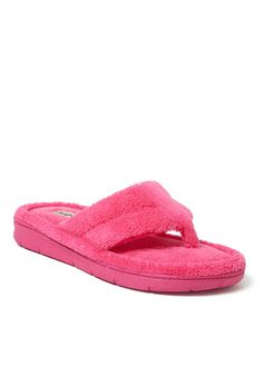 Featuring easy on/off designs alongside a pair of durable indoor/outdoor outsoles, these slippers are the perfect pick for on-the-go relaxation! Machine washable designs make refreshing your memory foam thong slippers a breeze, while temperature-regulating material promises comfort no matter the weather.Terry, 100% polyester. UpperTerry, 100% polyester. LiningTPR + Fabric OutsoleTerry, 100% polyester. FootbedThong Slipper available in sizes Small (Women's 5-6), Medium (Women's 7-8), Large (Women Flat Foam Slippers With Cushioned Footbed, Comfortable Non-slip Toe Post Slippers, Comfortable Pink Slippers With Removable Insole, Comfortable Cushioned Slippers With Toe Post, Comfortable Toe Post Slippers With Cushioned Footbed, Linen Gauze, Fuschia Pink, Tunic Tank Tops, Linen Shop