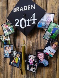 a graduation cap with pictures hanging on it