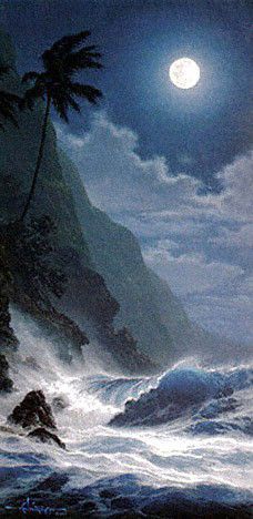 a painting of waves crashing into the shore with a full moon in the sky above