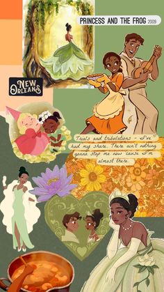 the princess and the frog is shown in this collage with other disney character pictures