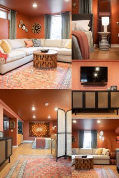 this is a collage of photos with orange walls and furniture in the living room