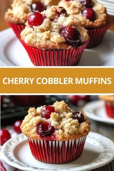 cherry cobbler muffins on a white plate with the title above it and below