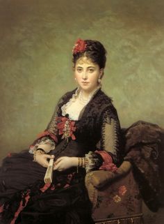 a painting of a woman sitting in a chair wearing a black dress with red flowers on her hair