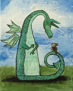 a painting of a green dragon with a bird perched on it's back, in front of a blue sky