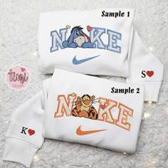 Tigger And Eeyore x Nike Embroidered Couple Shirt, Disney Characters Embroidered Shirt, Nike Inspired Embroidered Hoodie Tinicloset is not just a clothing store; it’s an embodiment of creativity and self-expression, a place where fashion meets individuality. Our mission is to offer a unique and personalized experience to our customers through custom embroidered shirts and a wide range of other embroidered apparel, including sweatshirts, T-shirts, and hoodies. At Tinicloset, we don’t Cute Custom Nike Hoodies, Best Friends Sweatshirts, Making Sweatshirts With Friends, Matching Nike Hoodies, Disney Stuff To Buy, Matching Fits Friends, Diy Nike Sweatshirt, Best Friend Hoodies For 2, Matching Hoodies For Couples Nike