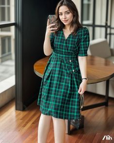 Zlily - Knee-Length Plaid Shirt Dress Casual Green A-line Shirt Dress, Casual A-line Plaid Dress, Short Sleeve Plaid Dress For Fall, Green A-line Casual Shirt Dress, Casual Plaid V-neck Midi Dress, Casual Cotton Plaid Dress With V-neck, Casual Plaid Cotton V-neck Dress, Green Cotton V-neck Shirt Dress, Plaid Shirt Dress