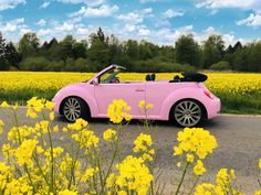 a pink convertible car parked on the side of a road next to some yellow flowers