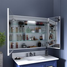 a bathroom sink under a medicine cabinet with shelves on the wall above it and a potted plant next to it