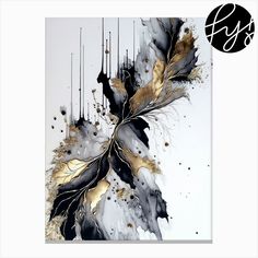 an abstract painting with gold and black leaves