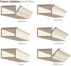 several different types of crown options for the top and bottom of a window sill