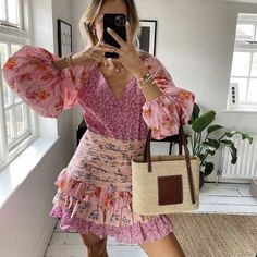 Reese Pink Floral Ruffled Mini Dress Summer Dress Long Sleeve, Summer Dress Long, Tie Up Dress, Layered Ruffle Dress, Boho Summer Dresses, Elegant Party Dresses, Ruffles Fashion, Mini Dress Fashion, Ruffled Dress