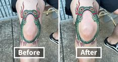 a man's legs with tattoos before and after tattooing