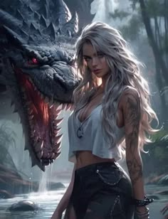 a beautiful woman standing next to a dragon