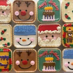 many decorated cookies are arranged in the shape of snowman and reindeer faces, with frosting on them