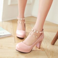 Korea sweet princess heels - Thumbnail 2 Heels Korean, Princess Heels, Heel Sandals Outfit, Hak Tinggi, Ankle Strap Chunky Heels, Party Pumps, Kawaii Shoes, Chunky Heel Pumps, Studded Heels