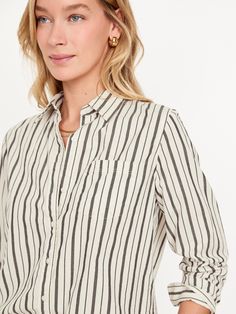 spread collar long sleeves buttoned cuffs button front striped print relaxed fit hits just below waist models are approx.  5'9" and wear sizes s (4), l (12), and xl (18)machine wash according to the care instruction label Fitted Vertical Stripe Button-up Shirt, Casual Vertical Stripes Button-up Shirt, Striped Relaxed Fit Button-up Blouse, Relaxed Fit Vertical Stripes Button-up Blouse, Striped Button-up Blouse With Button Closure, Crop Shirt, Petite Size, Stripe Print, Toddler Boys