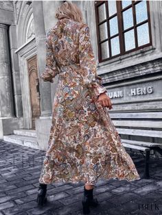 Ebeek - Stylish Printed Long-Sleeved Womens Dress with Stand Collar and Ruffle Detail Corset Pattern, Maxi Dresses Fall, Boho Fabric, Dress Autumn, Sleeve Maxi Dress, Womens Dress, Long Sleeve Maxi, Loose Dress, Fashion Vintage