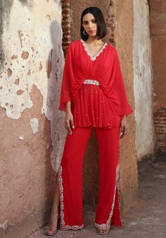 Coral Pink Co-Ord Set Seema Thukral - Fabilicious Fashion Co Ords Outfits Indian, Peplum Pants, Peplum Suit, Matching Embroidery, Co Ords Outfits, Indian Kurti Designs, Indian Kurti, Zari Embroidery, Cord Set