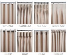 how to choose the right curtain type for your window or door, including rod - end and pinch pleat panels