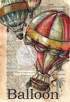 two hot air balloons flying in the sky over an old book page with words on it