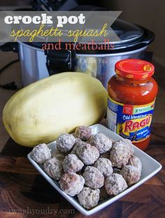 crock pot spaghetti, squash and meatballs in front of an instant pressure cooker