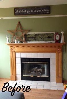 a living room filled with furniture and a fire place under a sign that says before