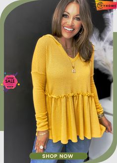 Yellow V Neck Drop Shoulder Hooded Flowy Top with Frill Ruffle Pattern, Lisa Fischer, Bohemian Wedding Dress Lace, Loungewear Fashion, Casual Bottoms, Babydoll Style, Hooded Top, Flowy Top, Spring Outfits Women