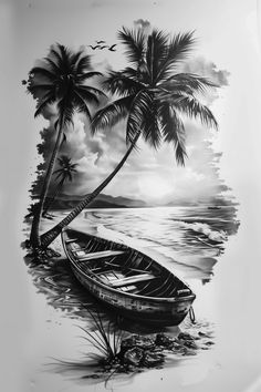 a black and white drawing of a boat on the beach next to a palm tree