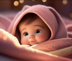 a baby with big eyes is wrapped in a blanket